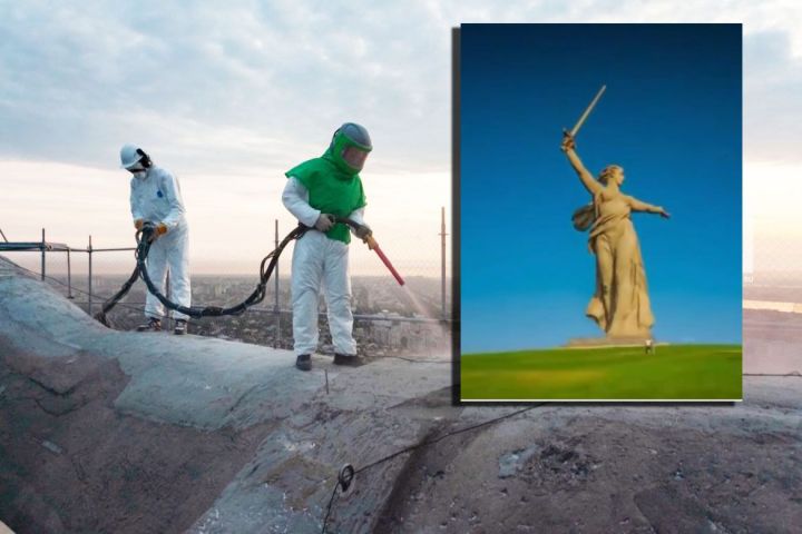 Монумент «Родина-мать зовет!» чистят казанские реставраторы